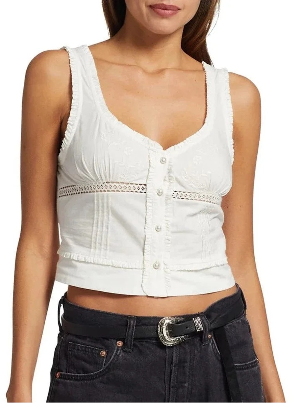 Free People White Button-Front Lace Crop Tank